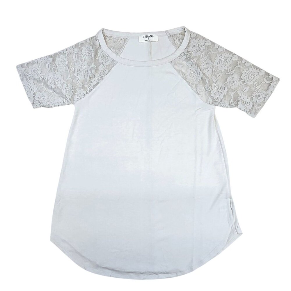 Zenana Lace Sleeve Top T-shirt Round Bottom Loose Off White/Grey Womens Small